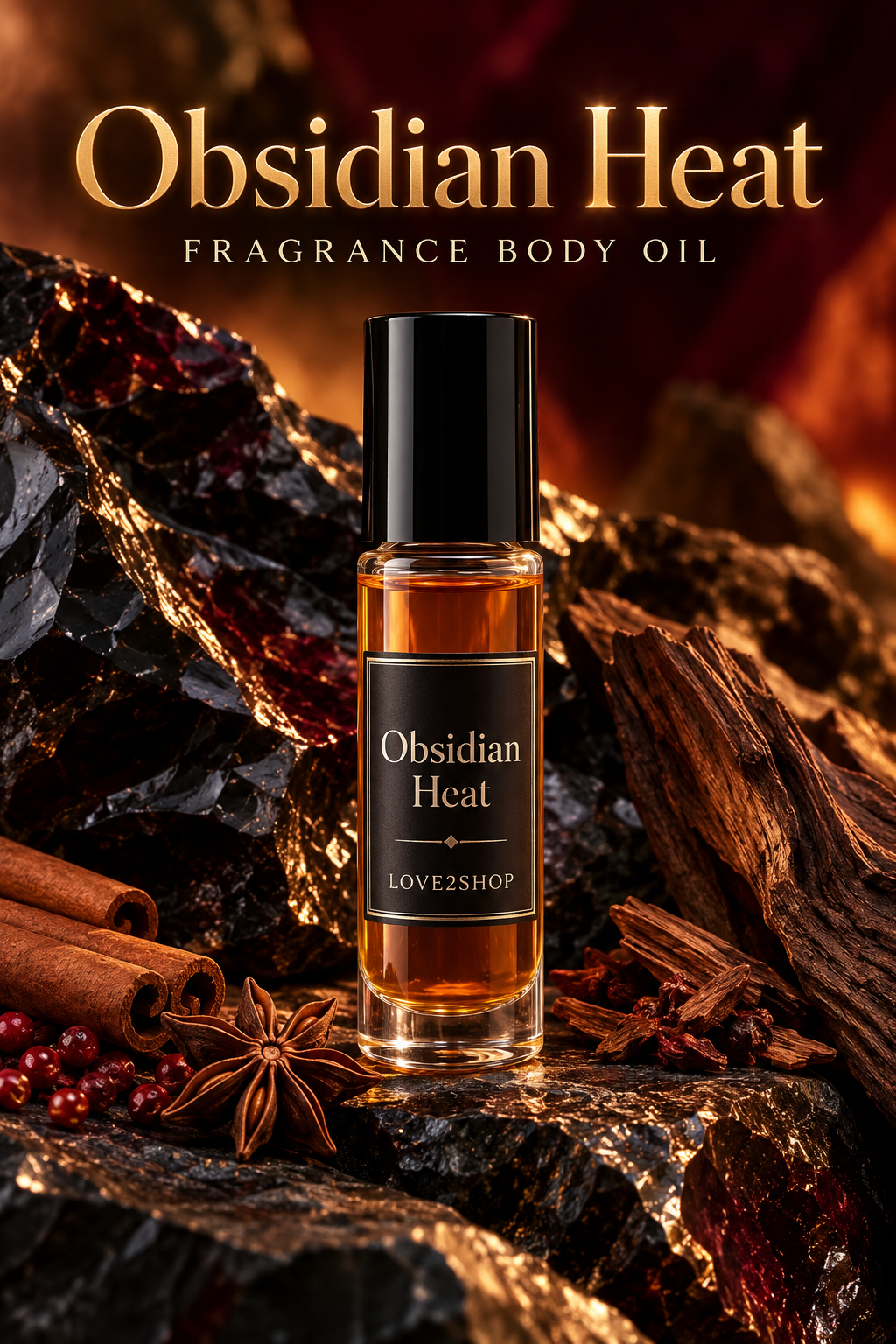 Obsidian Heat fragrance body oil roller bottle with black cap
