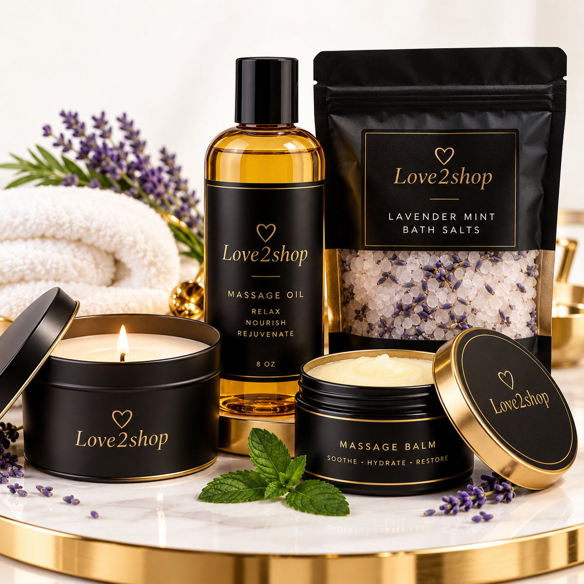 Love2shop Luxury Products collection featuring candle, massage oil, bath salts and massage balm