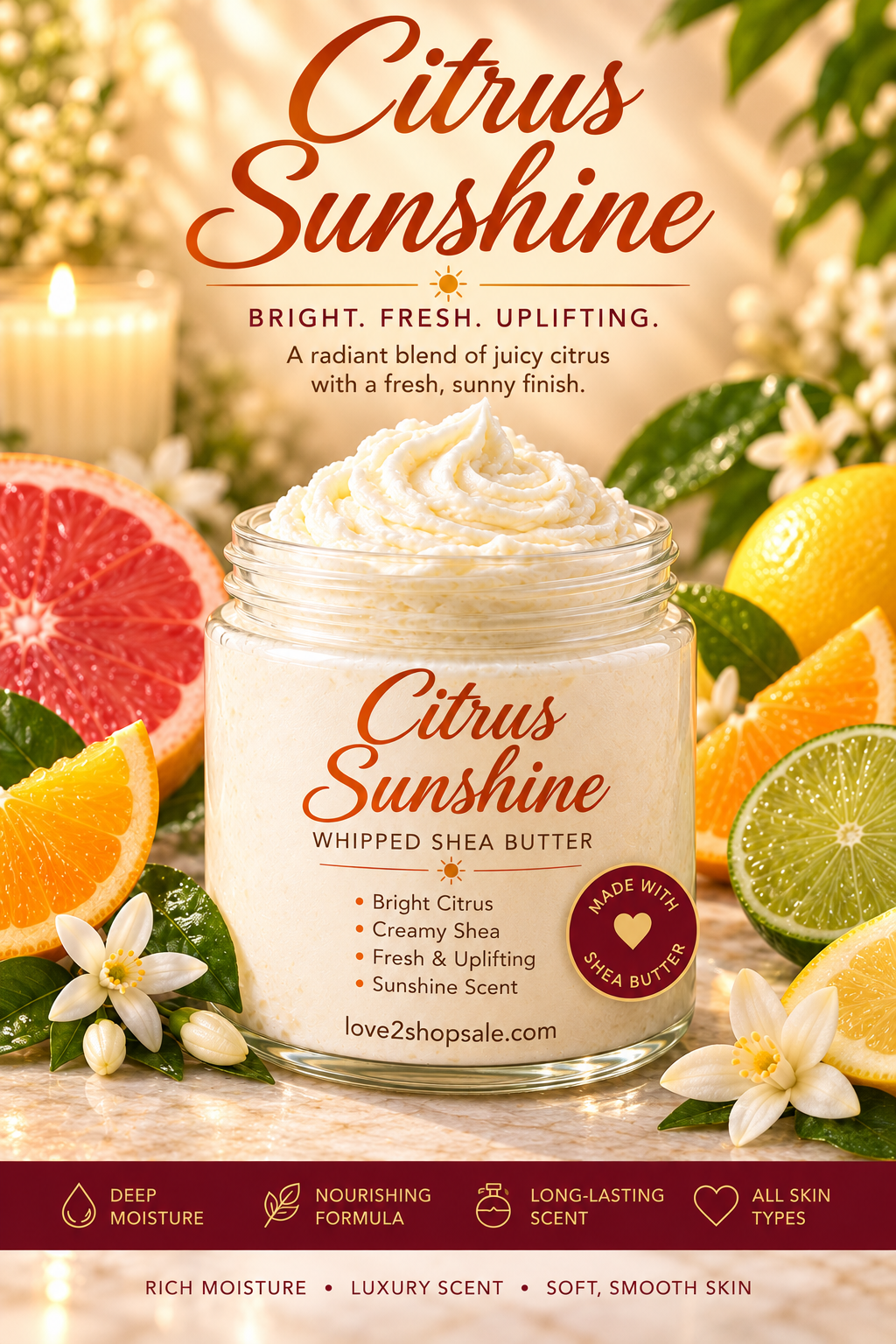 Citrus Sunshine whipped Shea butter in an open clear jar with citrus