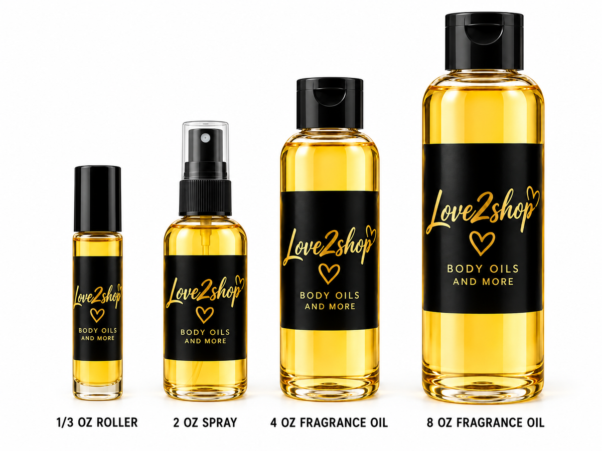 Love2shop all four fragrance formats: roller, spray, 4 oz oil and 8 oz oil